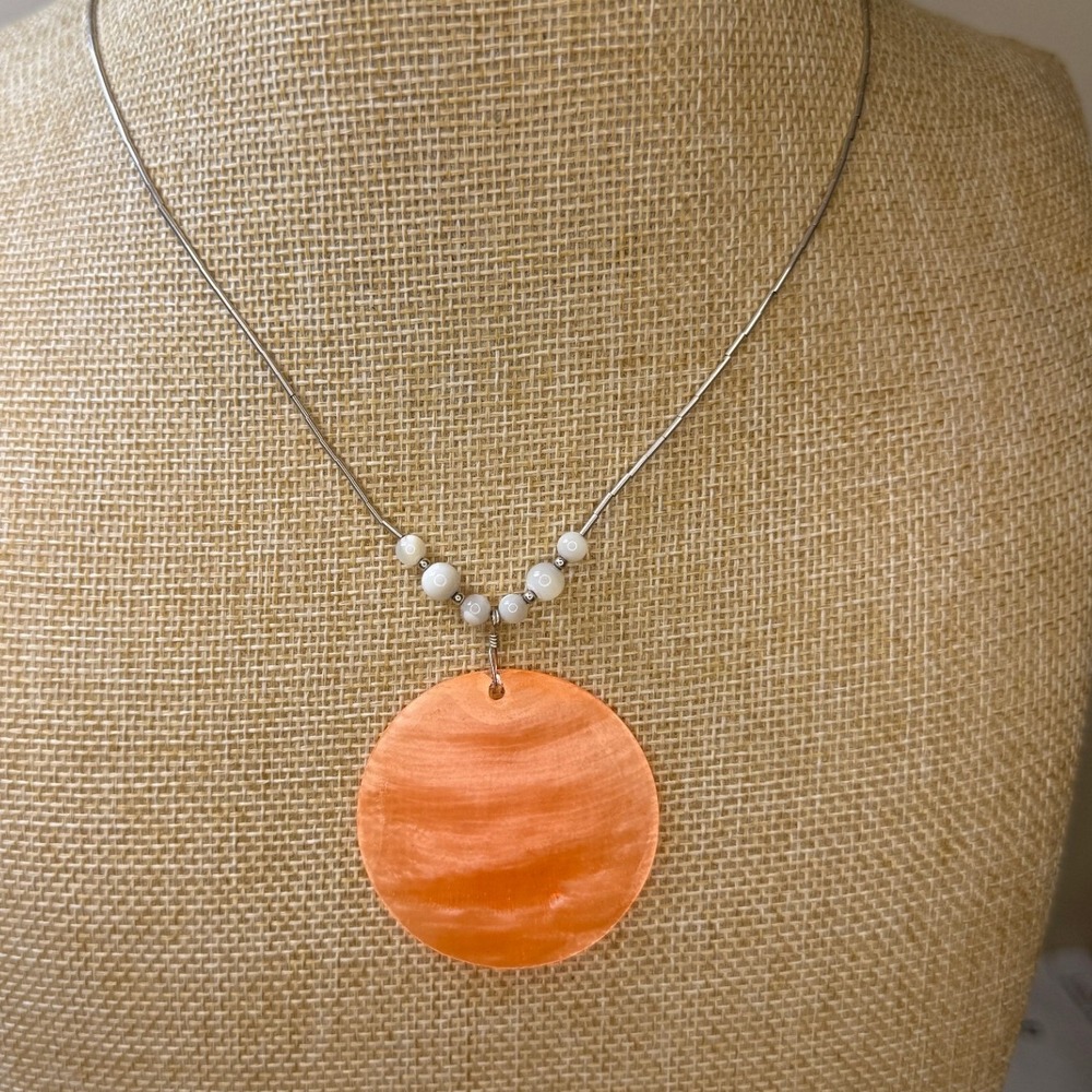 Boho Coastal Sterling Silver Orange Shell Pendant‎ Necklace 925 Artisan Trend